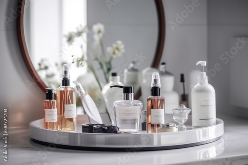 Cosmetic products for body care displayed in elegant soft light in a modern bathroom interior. Generative AI