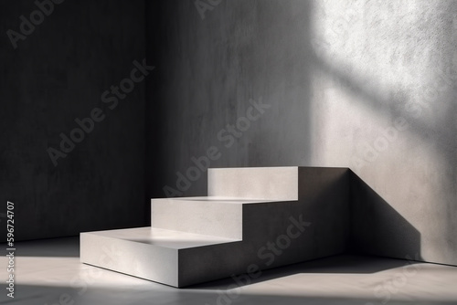 Square geometric concrete podium with sunlight and shadow on grey cement corner wall background