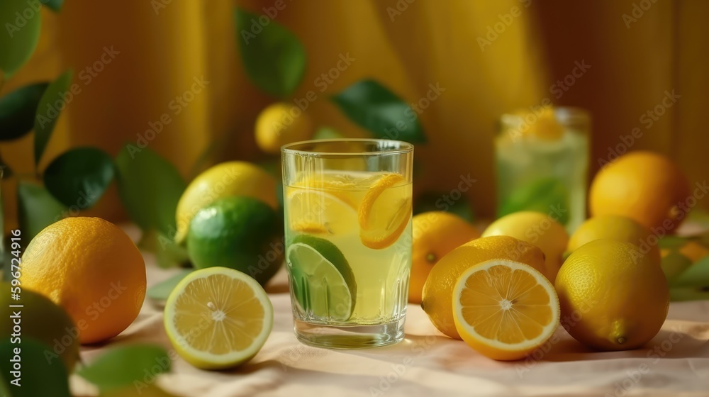 Fototapeta premium Lemon juice in a mug on the table with lemons. Summer delicious drink on a yellow background. AI generated