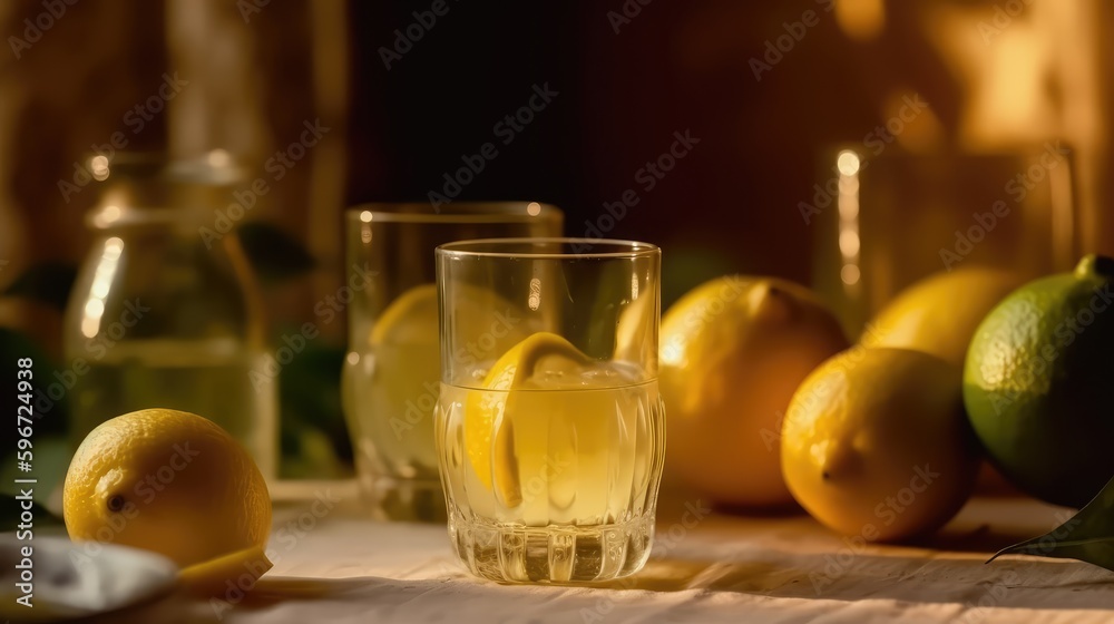 Lemon juice in a mug on the table with lemons. Summer delicious drink on a orange background. AI generated