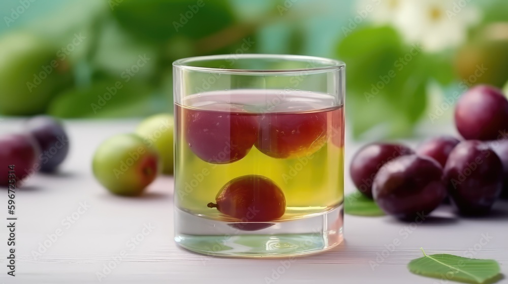 Plum compote in a mug on the table with plums. Summer delicious drink on a blurry background. AI generated Plum compote in a mug on the table with plums. Summer delicious drink on a blurry background. AI generated