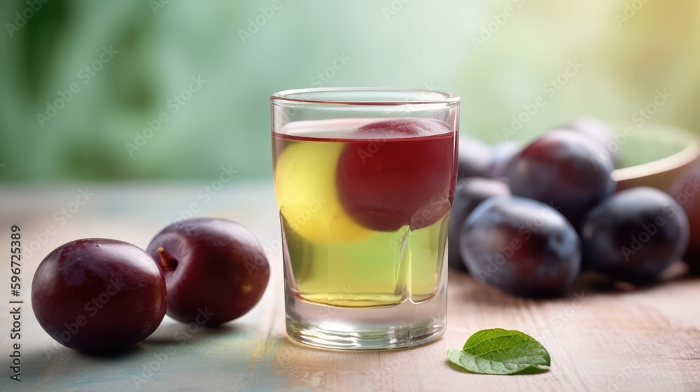 Plum compote in a mug on the table with plums. Summer delicious drink on a green background. AI generated Plum compote in a mug on the table with plums. Summer delicious drink on a green background. AI generated