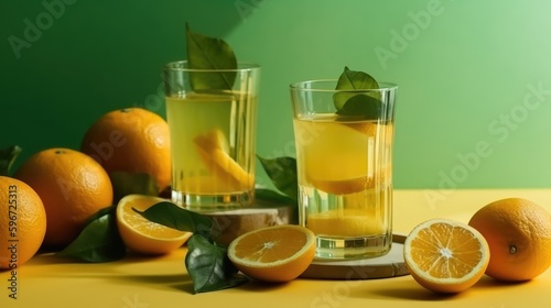 Orange juice in a mug on the table with orange. Summer delicious drink on a green background. AI generated