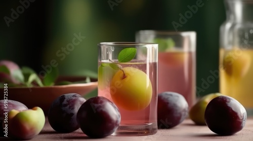 Plum compote in a mug on the table with plums. Summer delicious drink on a green background. AI generated