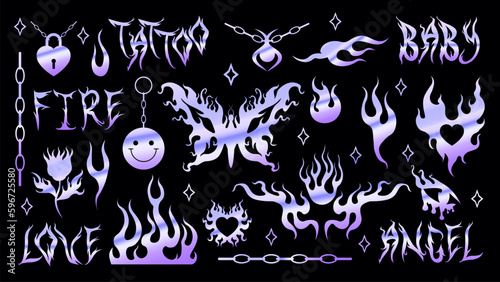 Y2k metal holographic sticker set. Shine holo gradient flame and fire, chain, heart, butterfly, flower, necklace Vector foil 2000s style. 90s, 00s aesthetic trendy emo goth EPS