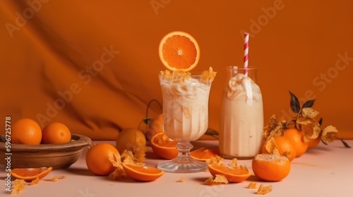 Orange milkshake in a mug on the table with oranges. Summer delicious drink on a orange background. AI generated
