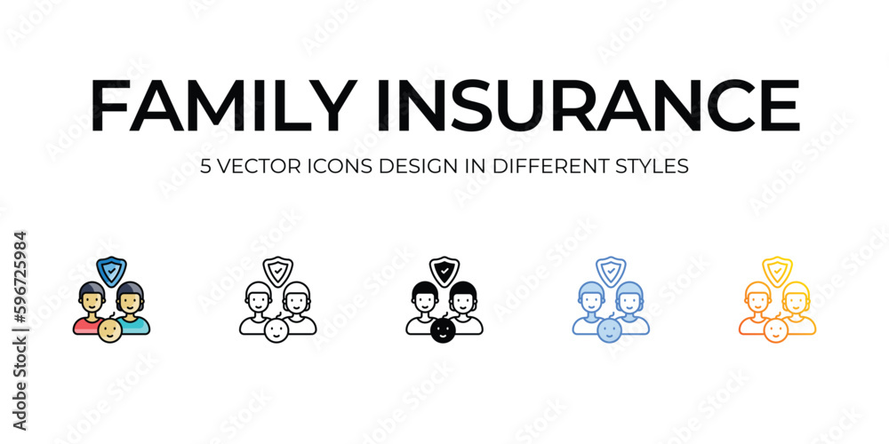 Family Insurance Icon Design in Five style with Editable Stroke. Line, Solid, Flat Line, Duo Tone Color, and Color Gradient Line. Suitable for Web Page, Mobile App, UI, UX and GUI design.