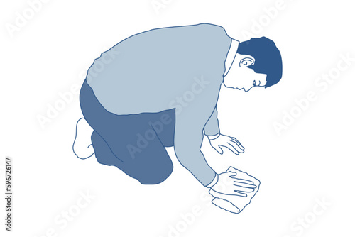 雑巾で床を掃除するアジア人男性の全身イラスト