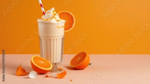 Orange milkshake in a mug on the table with oranges. Summer delicious drink on a orange background. AI generated