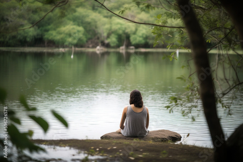a peaceful scene of a person meditating by a serene lake © Paulius