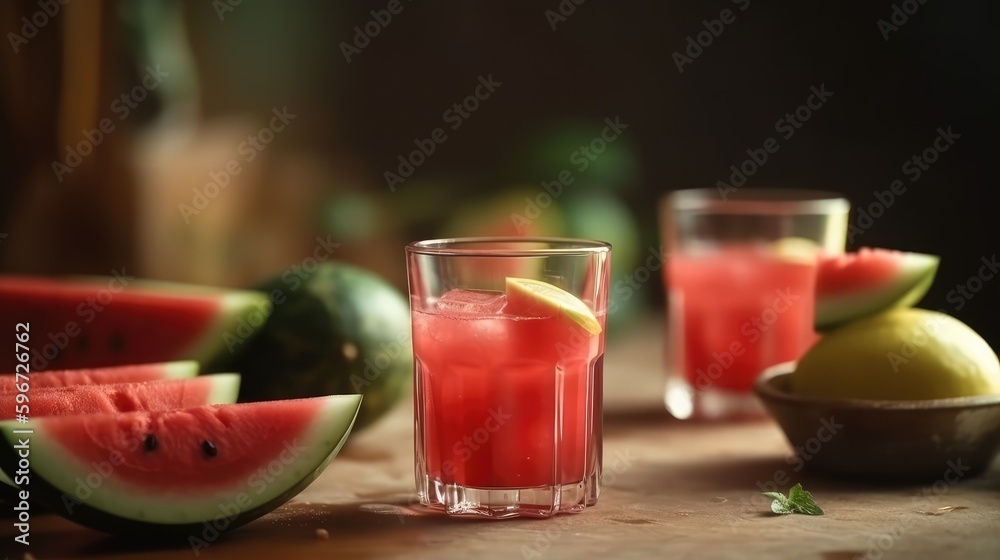 Watermelon cocktail in a mug with pieces of watermelon on the table on a blurry background. Fresh summer drink. AI generated Watermelon cocktail in a mug with pieces of watermelon on the table on a blurry background. Fresh summer drink. AI generated