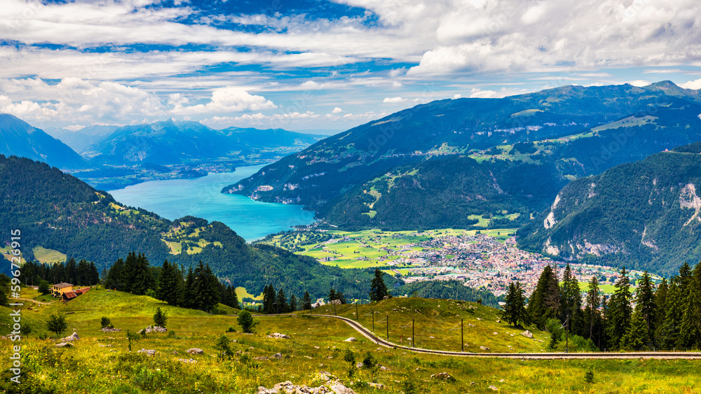 Beautiful Lake Thun view from Schynige Platte trail in Bernese Oberland, Canton of Bern, Switzerland. Popular mountain in the Swiss Alps called Schynige Platte in Switzerland, aerial view.