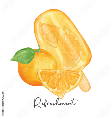 Orange ice cream Popsicle with fruits composition watercolour illustration vector banner isolated on white background.