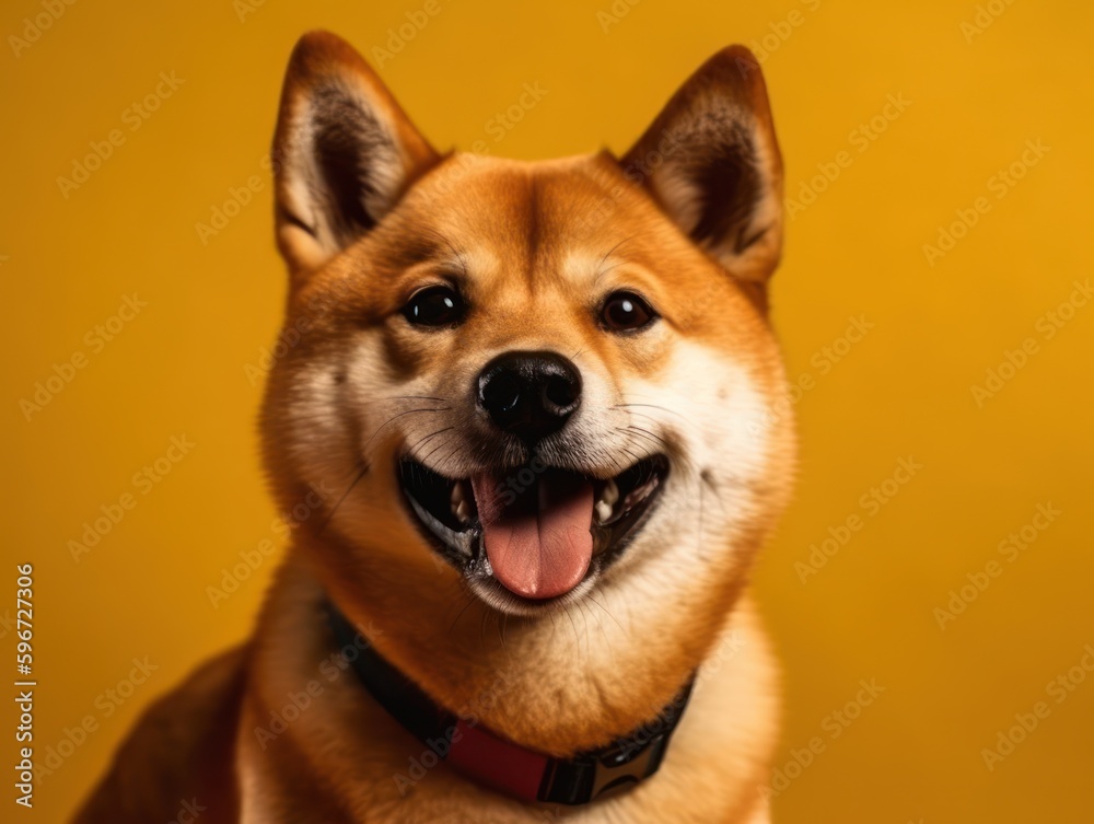 Happy shiba inu dog on yellow. Red-haired Japanese dog smile portrait. Generative AI 