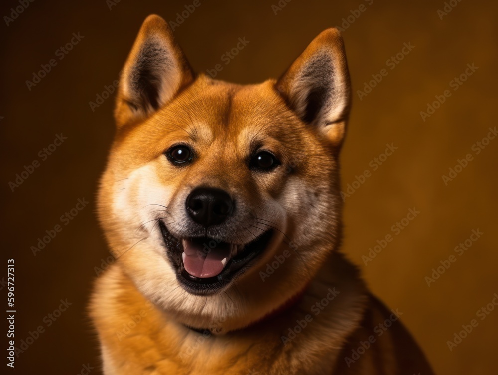 Happy shiba inu dog on yellow. Red-haired Japanese dog smile portrait. Generative AI 