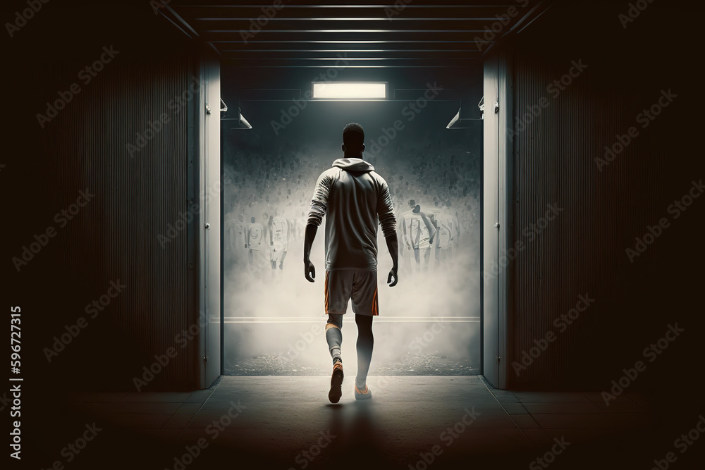 A football player is walking in the player tunnel out to the football pitch. Sport in challenge moment concept scene. Generative Ai image.	
 - obrazy, fototapety, plakaty 
