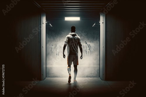 A football player is walking in the player tunnel out to the football pitch. Sport in challenge moment concept scene. Generative Ai image. 