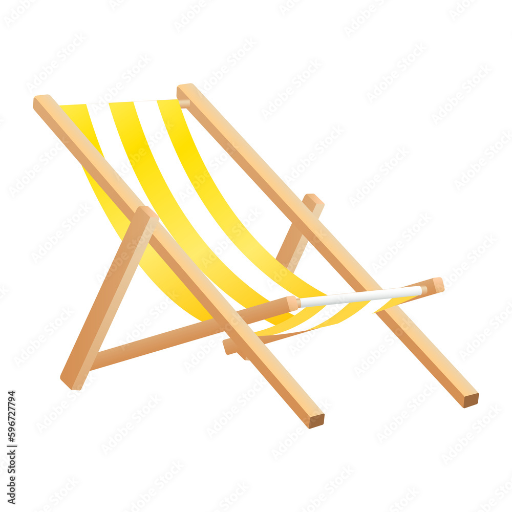 Wooden beach chaise longue. Yellow deck chair 3D file PNG for use in various graphic designs.