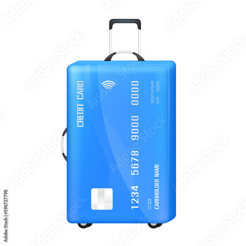 Credit card suitcase blue. Special privileges buy pay transfer money locally abroad all over the world. Travel with credit card concept. 3D file PNG illustration for use in various graphic designs.