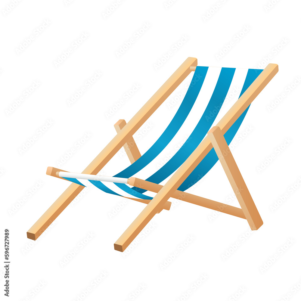 Wooden beach chaise longue. Blue deck chair 3D file PNG for use in various graphic designs.