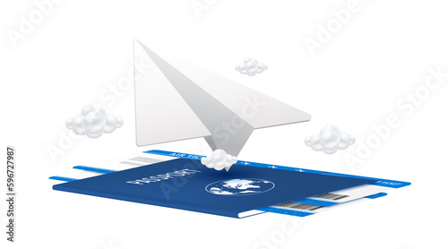 Paper air plane blue flying on the passport. Virtual for travel and transport concept design. For making advertising media about tourism. 3D file PNG illustration.