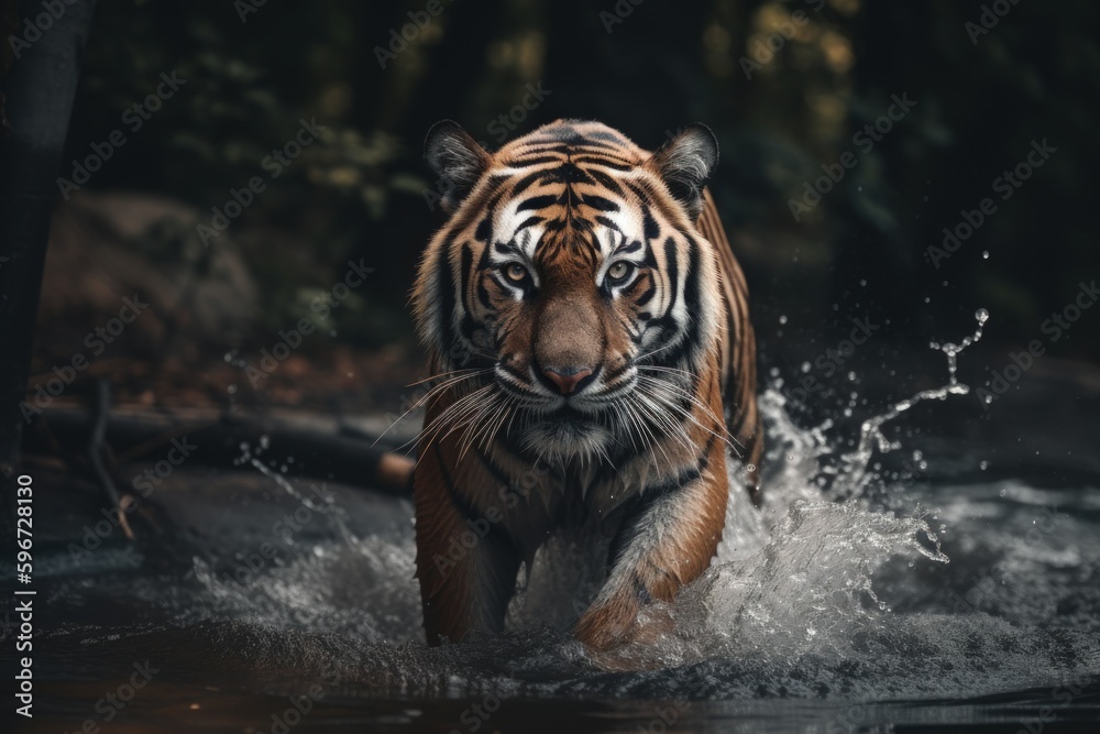Tiger walking through a river. Generative AI