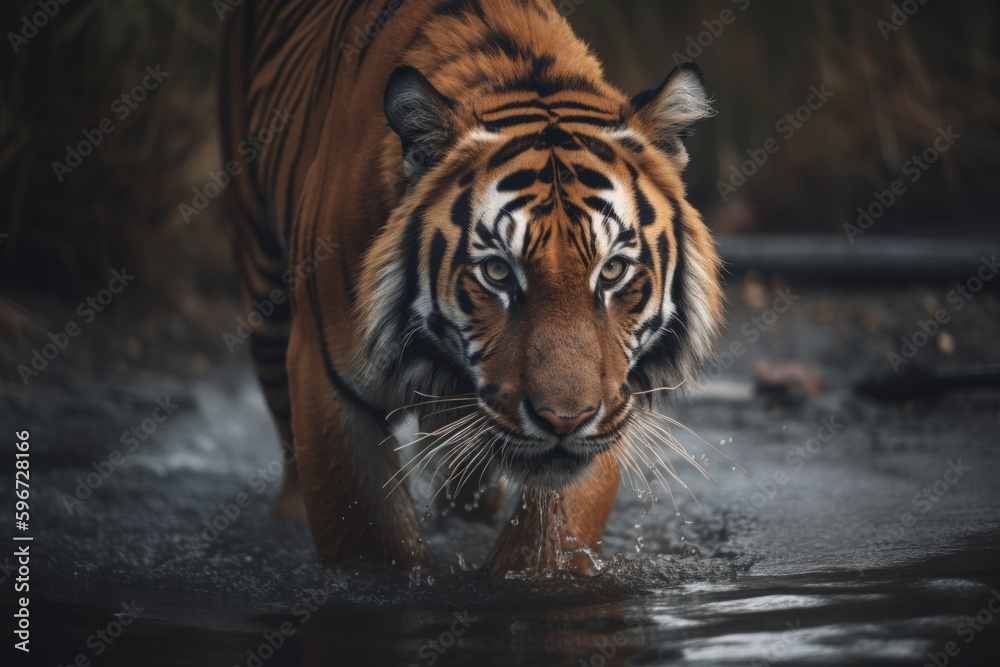Fototapeta premium Tiger walking through a river. Generative AI