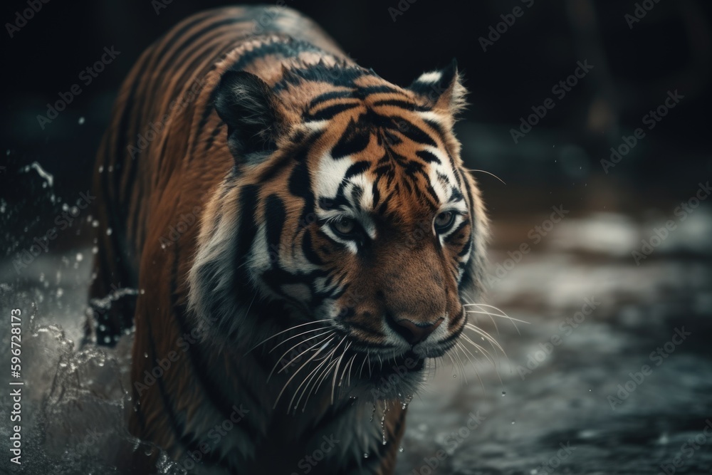 Naklejka premium Tiger walking through a river. Generative AI
