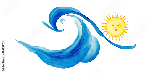 Watercolor drawing of sea waves and sun, isolated on white background, design