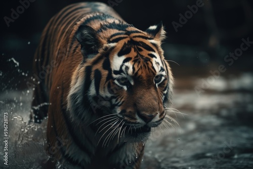 Tiger walking through a river. Generative AI