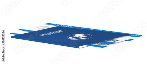 Passport with tickets for traveler. Blue international document. Air travel concept. 3D file PNG illustration.