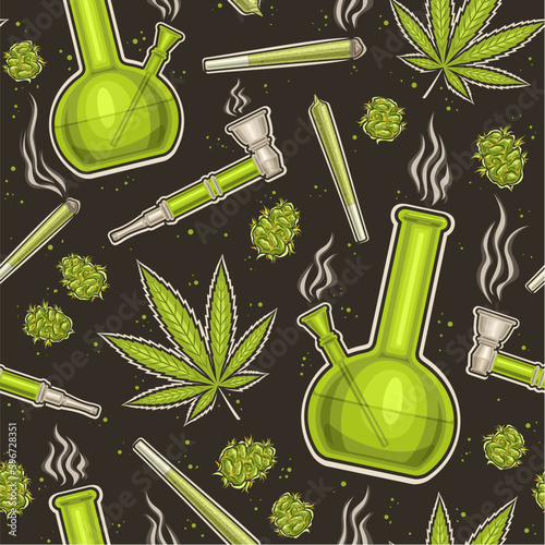 Vector Cannabis Seamless Pattern, repeating background with illustrations of set flat lay medicinal cannabis buds, marijuana leaf, weed paper roll, glass cannabis hookah with water for wrapping paper photo