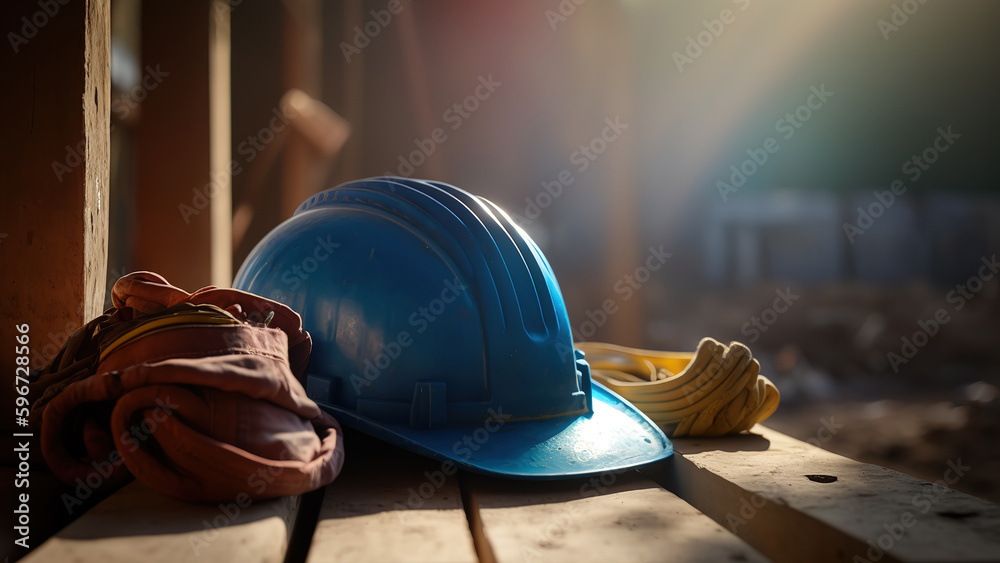 A blue safety helmet or hardhat for the construction worker which is placed on the ground of construction working site, image applied with orange sunlight flare. Generative Ai image. - obrazy, fototapety, plakaty 