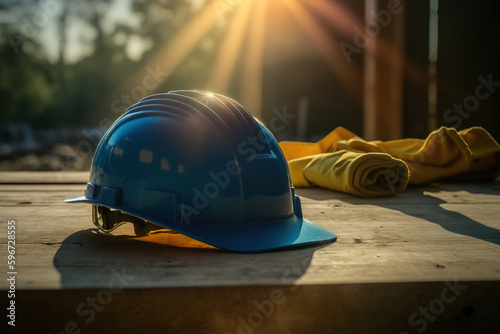 A blue safety helmet or hardhat for the construction worker which is placed on the ground of construction working site, image applied with orange sunlight flare. Generative Ai image.