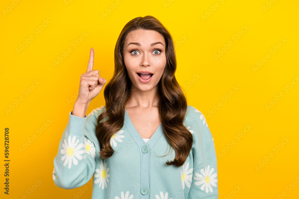 Photo of excited young surprised intelligent lady wear aquamarine daisy flower finger point excited genius plan isolated on yellow color background Photo of excited young surprised intelligent lady wear aquamarine daisy flower finger point excited genius plan isolated on yellow color background