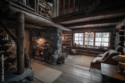 A Home Away from Home: Cozy Rustic Living in a Wooden House Surrounded by Picturesque Snowy Forest. Generative AI © AIGen