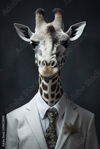 Closeup Portrait of a Majestic White Giraffe in an Elegant Abstract Suit: Generative AI