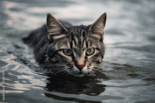 Adorable Grey Purebred Felino Swimming in the Ocean: Sweet Furry Mammal With Short Hair and White Striped Eye. Generative AI