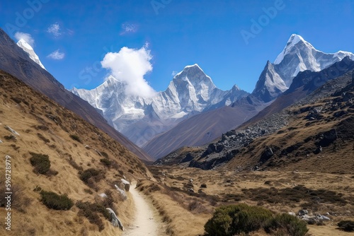 Exploring the Majestic Himalayan Peaks at Khumbu, Nepal: A Mountain Hiking Adventure Alongside a River: Generative AI © AIGen