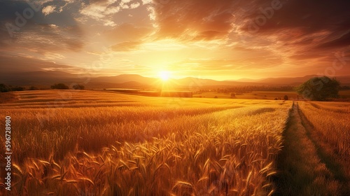Experience the Beauty of a Summer Sunset in a Golden Yellow Field. Generative AI