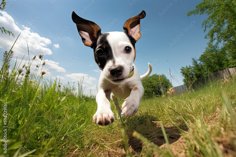 Playful Puppy Running Freely Through a Sunny Spring Garden. Generative AI
