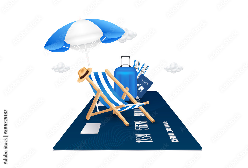 Deck chair umbrella and luggage on credit card with airplane is taking