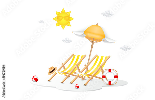 Deck chair sitting beach umbrella yellow on white podium. The sun and clouds float in the air. For making tourism. Summer vacation concept.3D file PNG illustration.