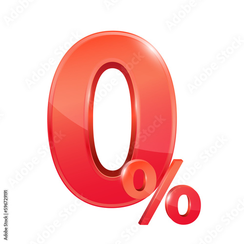 Red 0% text. Zero percent for special offer.  Financial business concept. 3D file PNG illustration.