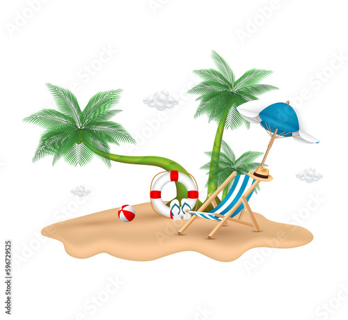 Beach umbrella deck chair sitting  on paradise beach with coconut tree. Summer vacation concept. 3D file PNG.