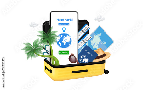 Travel equipment in luggage yellow and touch screen smartphone. Booking plane ticket for app online on mobile. for making advertising media about tourism. 3D file PNG illustration.