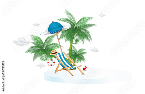 Deck chair sitting beach umbrella and coconut tree on white podium. Banner for making tourism. Travel summer vacation concept. 3D file PNG.