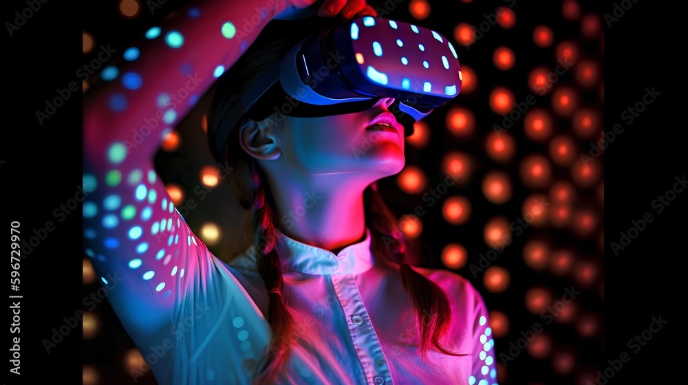 A young woman wearing a VR headset, fully immersed in a virtual reality experience, showcasing the future of entertainment, gaming, and interactive technology. Generative AI A young woman wearing a VR headset, fully immersed in a virtual reality experience, showcasing the future of entertainment, gaming, and interactive technology. Generative AI