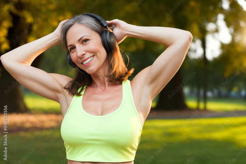 Middle age sportswoman smiling happy wearing headphones at the park. Generative Ai
