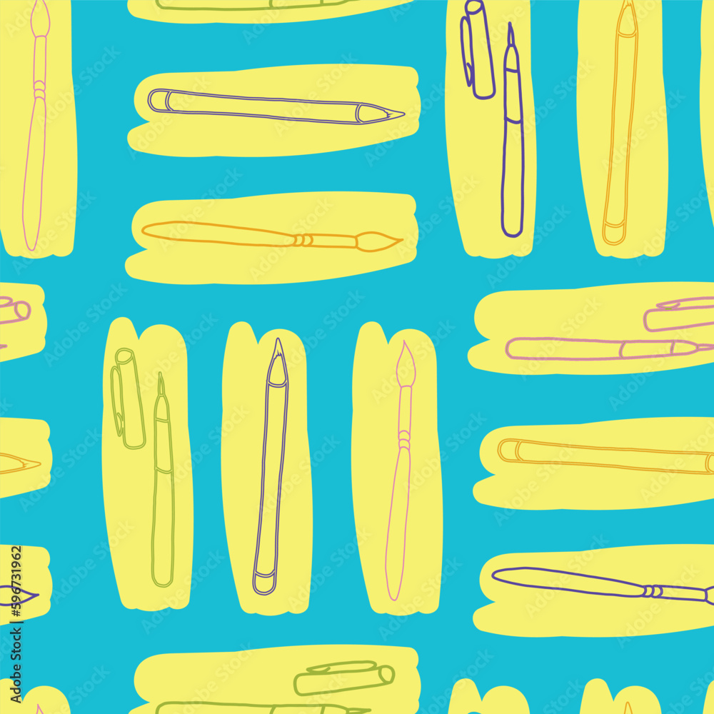 Vector repeat pattern of Art Tools in a fun, colorful geometric design. Paint brushes, pens, crayons and a spill of yellow make up the design. Vector repeat pattern of Art Tools in a fun, colorful geometric design. Paint brushes, pens, crayons and a spill of yellow make up the design.